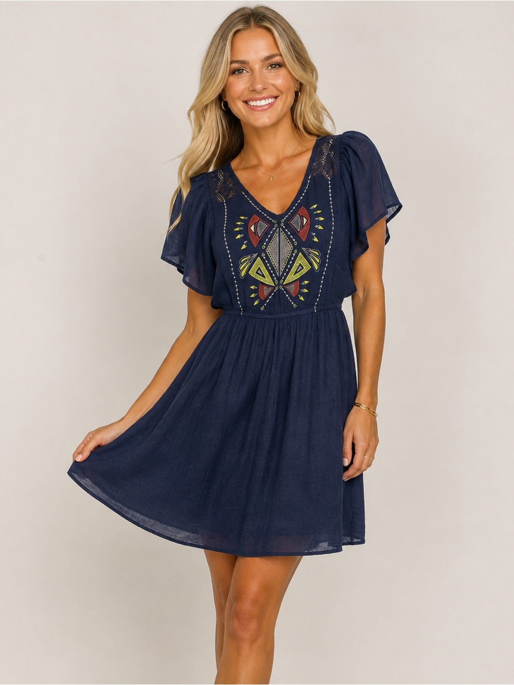 Navy Embroidered V‑Neck Flutter Sleeve Dress